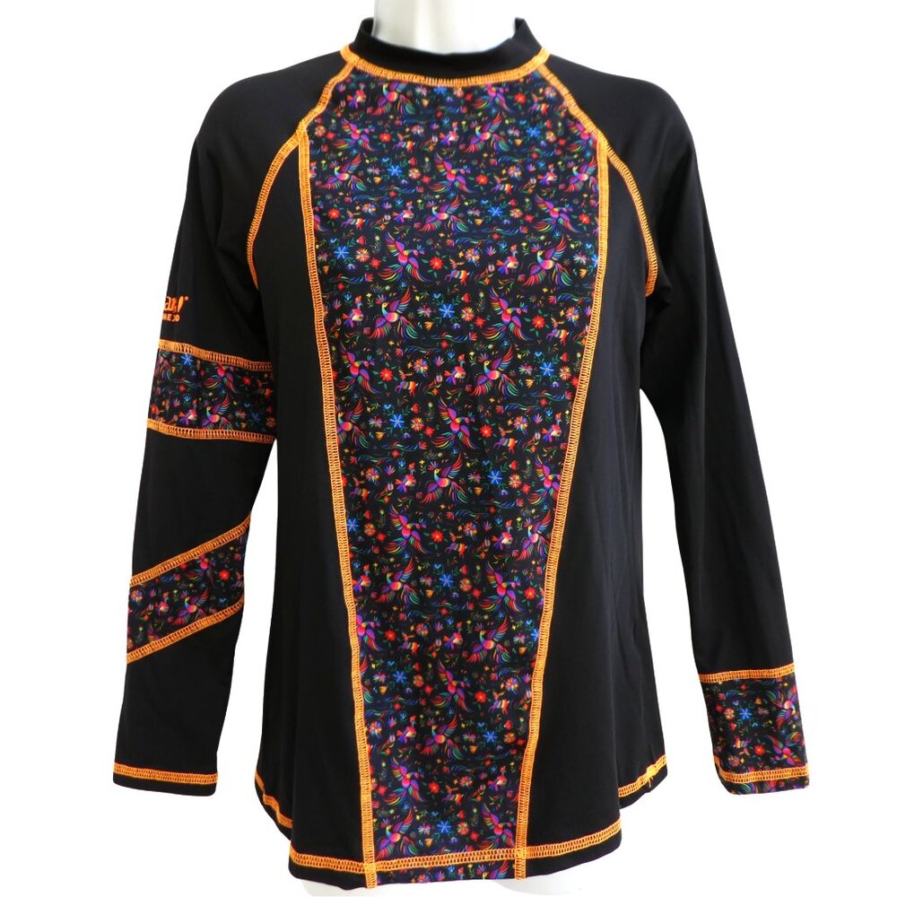 Xcaret Mexico Rashguard  Black Orange Floral Panel Sun Protection Water Park L